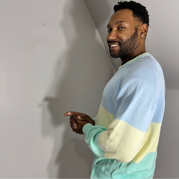 Vintage Knit Sweater Pastel Long Sleeve Cotton Top Blue Knit Shirt Crewneck - Picture 3 of 6